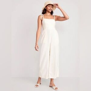 Old Navy Linen Blend Tie Shoulder Corset‎ Cami Ivory Cropped Jumpsuit Size Small